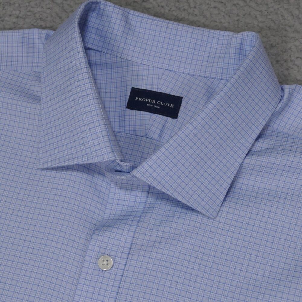 Proper Cloth Shirt Mens 19-35 Blue Plaid Button Up Long Sleeve
